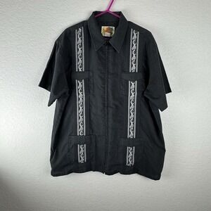 The Genuine Haband Guayabera Men Black Short Sleeve Up Embroidered Shirt XL
